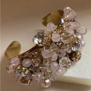 Frilly Chunky Cuff Bracelet with Rhinestones Gold Tone